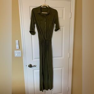Old Navy Green Collared 3/4 Sleeve Button Front Tie Waist Side Slit Maxi Dress S